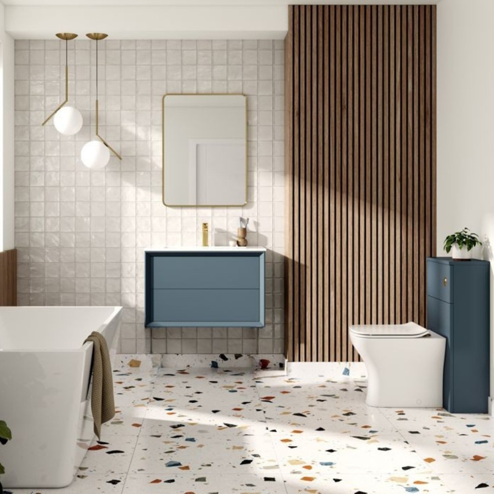 Apex Air Matt Storm Blue 615mm Wall Hung 2 Drawer Vanity Unit & Basin Lifestyle 1